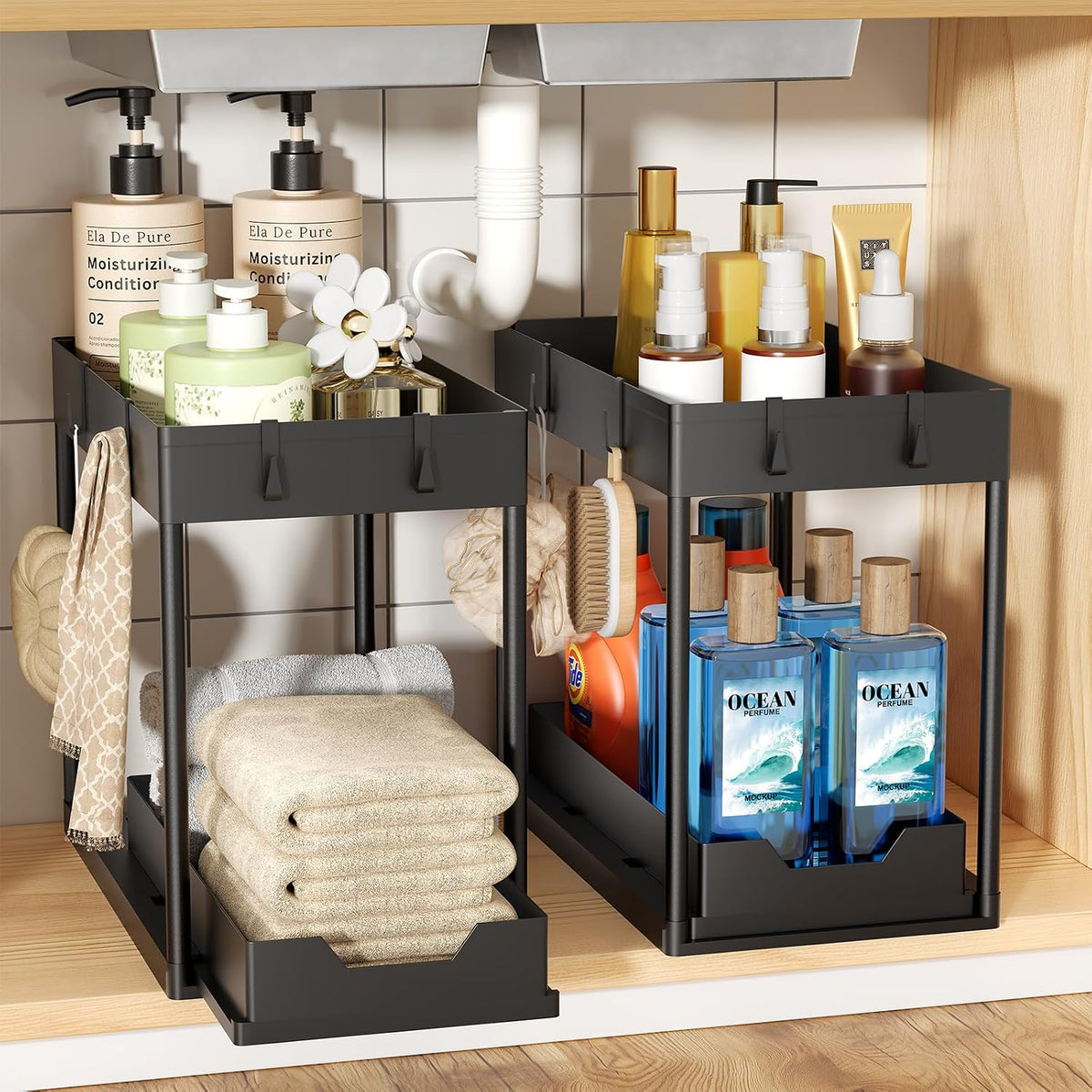 2 Pack 2-Tier Under Sink Organizers with Sliding Drawer, Black