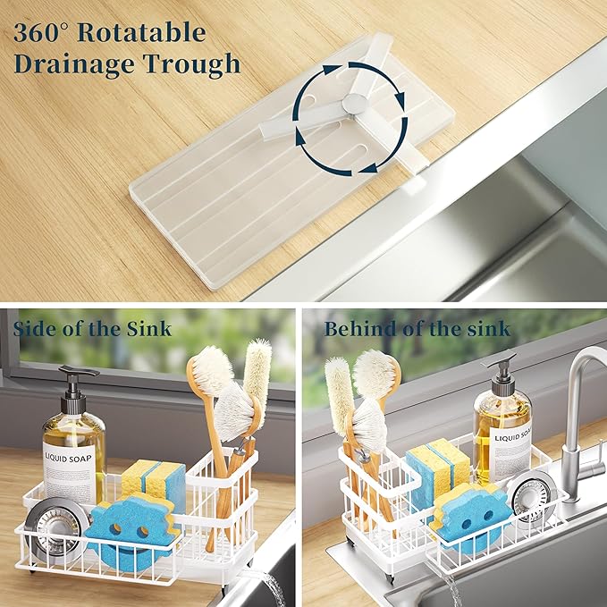 Consumest Sponge Holder for Kitchen Sink - Auto Draining Sink Caddy Organizer with Detachable Rack, High Brush Holder, Kitchen Countertop Storage Accessories, White