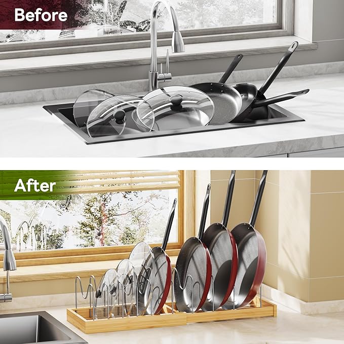Tomorotec Bamboo Pot Lid Holder with Adjustable Stainless Steel Dividers, Expandable Rack Organizer for Kitchen Drawers, Cabinets, Countertops, Space-Saving Storage for Lids, Pans, Trays, Cookware