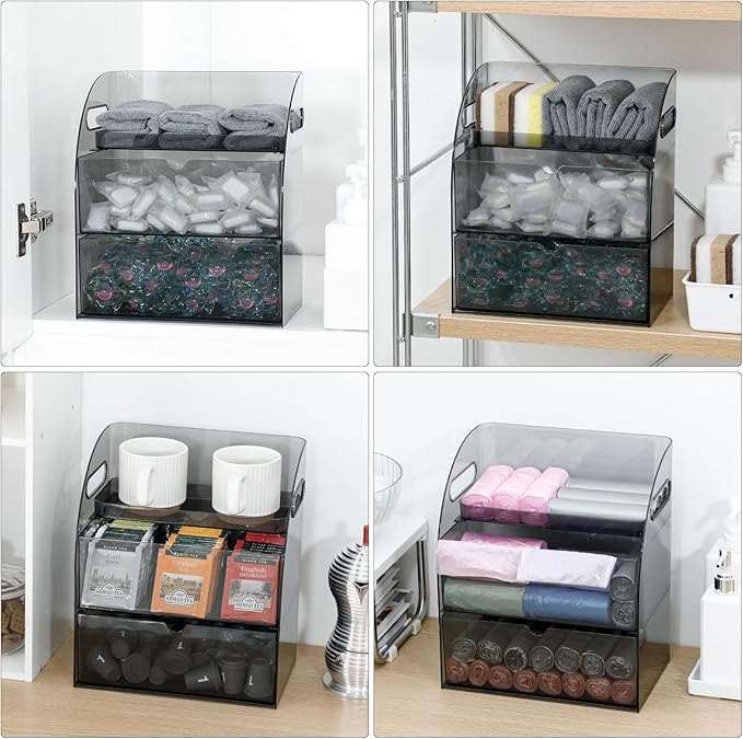 Plastic Under Sink Organizer with Drawers, Gray Kitchen and Pantry Storage Container for Trash Bags, Dishwasher Detergents, Sponge, Large Laundry Pods Dispenser with Handle for Cabinet