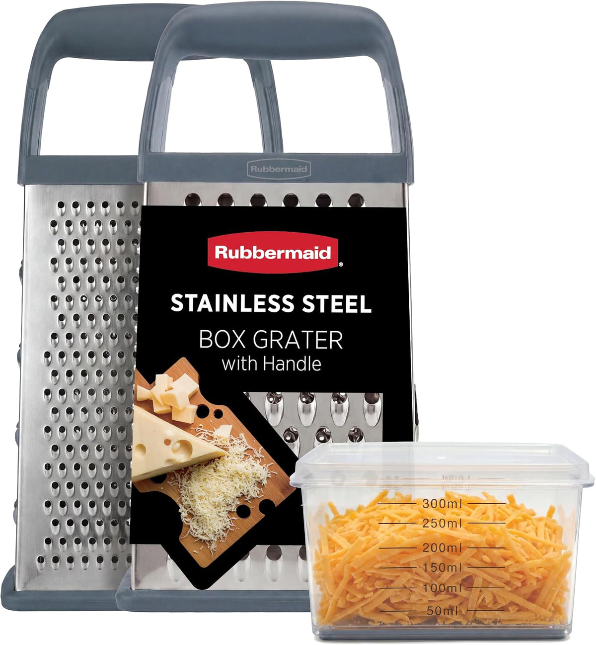 EZ Grip Box Grater, Stainless Steel Cheese Grater & Container - BPA Free Multi-Surface Cheese Shredder & Food Grater Silver Blue | Graters for Kitchen -Non-Slip Base, Dishwasher Safe