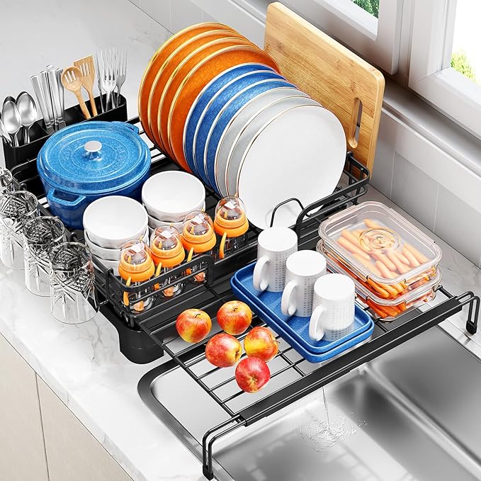 TOOLF Dish Drying Rack - Expandable Dish Rack, Large Capacity Dish Drainer for Kitchen Counter, Stainless Steel Dish Strainer with Cups Holder & Utensil Holder,Black