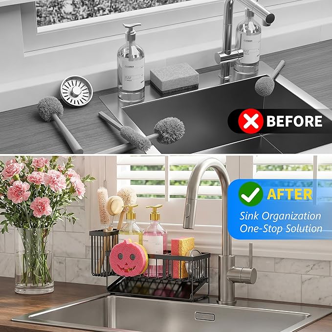Sponge Holder for Kitchen Sink, Smiley Face Sink Caddy with Removable Brush Holder,Self-Draining Sponge Caddy for Sponge,Soap,Dish Brush,Scrubber,Kitchen Essentials and Gadgets