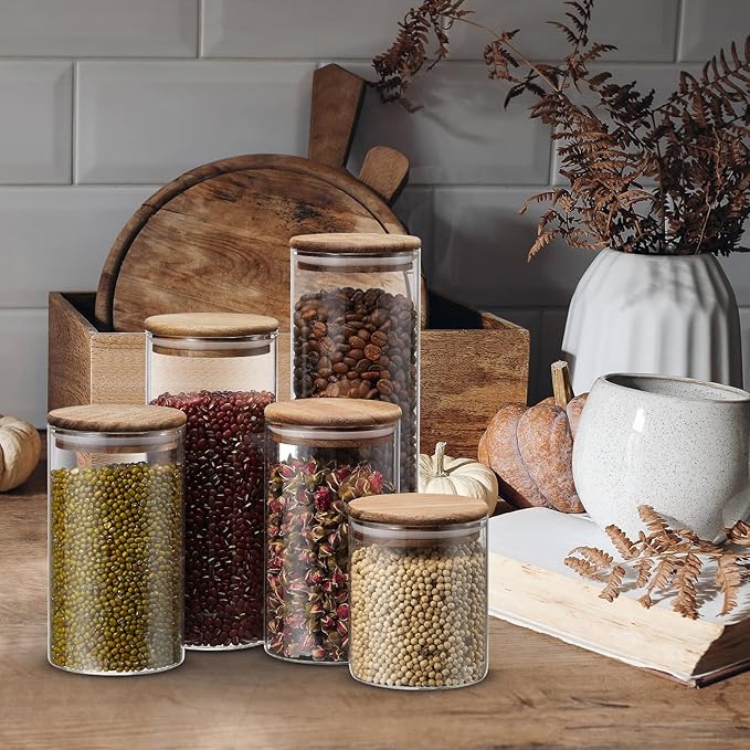 Qinyoung Glass Storage Jars with Wooden Lids, 4 Sizes Food Storage Containers Clear Stackable Canisters Airtight Glass Jars for Candy Cookie (Clear, Dark Brown, 15oz 25oz 34oz 42oz, 24 Pcs)