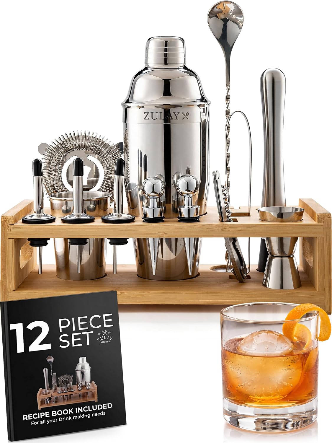 24 Piece Bartender Kit-Stainless Steel Bar Accessories with Display-Modern Mixology Shaker Set for At-Home Cocktails-Use for Mixer, Martini, Margarita and Liquer-Bar Tools (Silver)