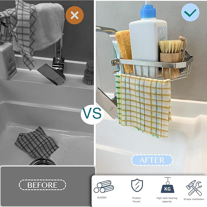 Sponge Daddy Kitchen Sponge Holder, Bathroom Sink Organizer, Shower Caddy Suction Cup, Bottle Organizer, Hanging Organizer, Kitchen Rack, Organizers and Storage for Square Faucet (SQUARE RIGHT)