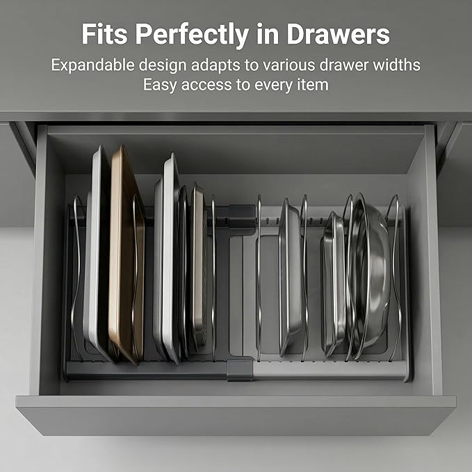 OMIO Expandable Pot Lid Organizer Rack for Under Cabinet, Adjustable 12"-22" Kitchen Storage with 7 Steel Dividers, Scratch-Resistant ABS Base for Pans, Cutting Boards, Bakeware, Grey