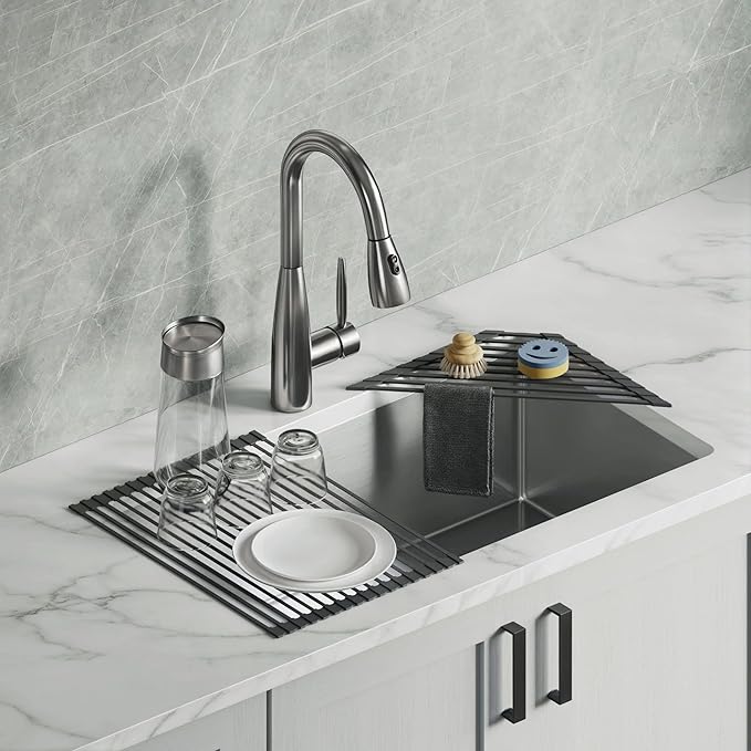 Dowell Over The Sink Roll-Up Dish Drying Rack, Foldable Tube Design, Space Saving Sink Organizer, Sturdy, Easy to Clean, Stylish Look - Triangle+Rectangular - Full Silicone