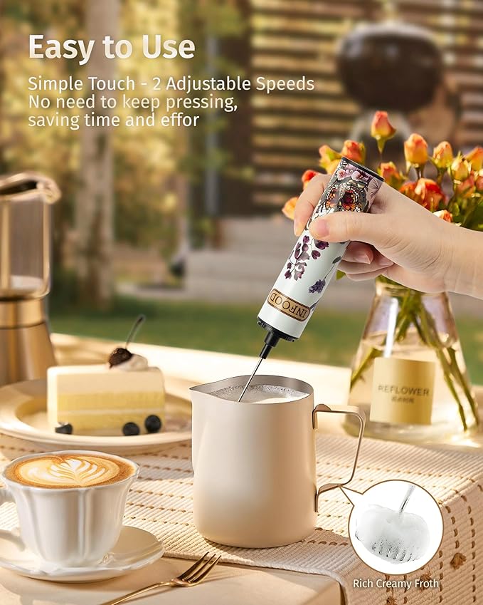 INFOOD Milk Frother Rechargeable with Cover - Coffee Frother Wand, Drink Mixer Handheld with 2 Detachable Stainless Whisks 2 Speed Adjustable for Latte, Cappuccino, Hot Chocolate, Egg, White Floral