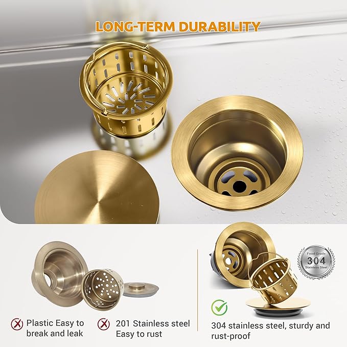BOTEMY Kitchen Sink Drain Assembly with Removable Deep Basket Strainer, Anti-Clog Sink Drain Kit, Stainless Steel & ABS, Easy Clean Lift-Out Strainer, Fits Standard 3-1/2 Kitchen Sinks - Gold