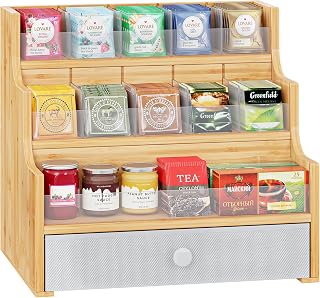 Bamboo Tea Bag Organizer Storage Box Stackable Tea Bag Holder Tea Caddy Box Containers (4-Tier, Large)