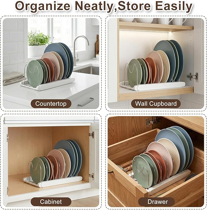 Expandable Pots and Pans Organizer Under Cabinet, 7 Stainless Steel Dividers, HIPS Base, 13-22 inch Heavy Duty Pan Rack with Lid Holder, Pot Organizer Inside Cabinet for Kitchen Storage