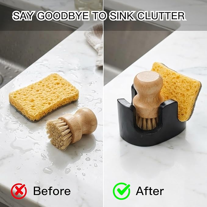 Black Marble Sponge Holder for Kitchen Sink, 2-in-1 Natural Stone Sponge & Brush Holder with Raised Edge, Keeps Countertops Dry, Heavy & Stable, Non-Slip Base, Modern Luxury Kitchen Decor