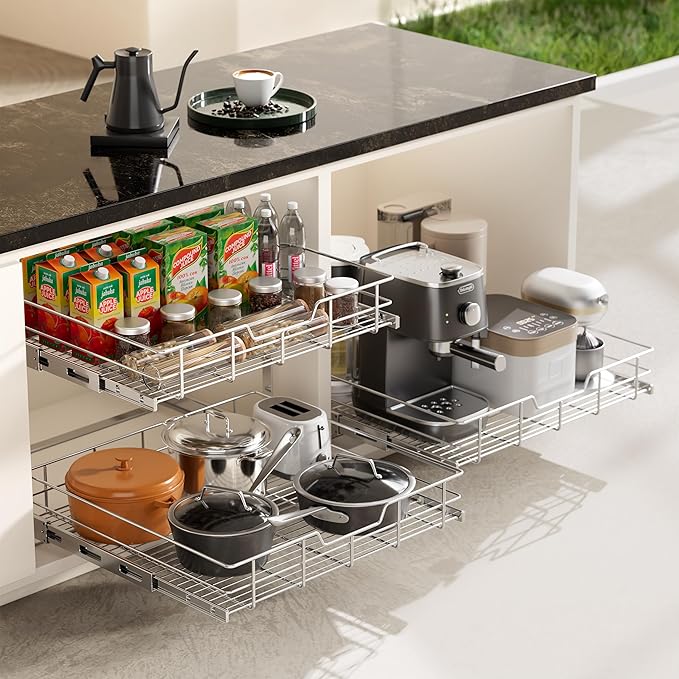 2 Tier Pull Out Cabinet Organizer 11" W X 22" D, Slide Out Drawers For Kitchen Cabinets, Pull Out Drawers For Cabinets Capacity Heavy Duty Caddy, Cabinet Pullout Shelves Chrome-Plated, Bathroom Pantry