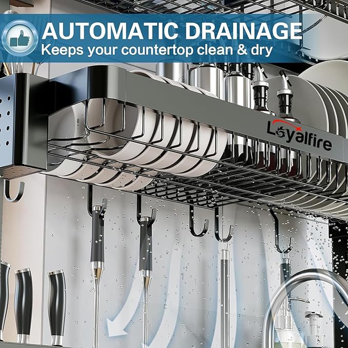 Loyalfire Over Sink Dish Drying Rack, 3 Tier Adjustable Length (20.87'' to 37.6'') Full Stainless Steel Large Storage Kitchen Dish Rack, Expandable Drainer Shelf Rack with Multifunctional Organizers