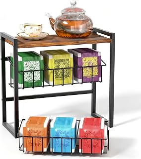 Tea Bag Organizer, 3 Tier Tea Bag Holder with 2 Removable Baskets, Wood and Metal Tea Organizers and Storage Chest for Countertop Kitchen, Office, Brown, Space-Saving Tea Storage Rack
