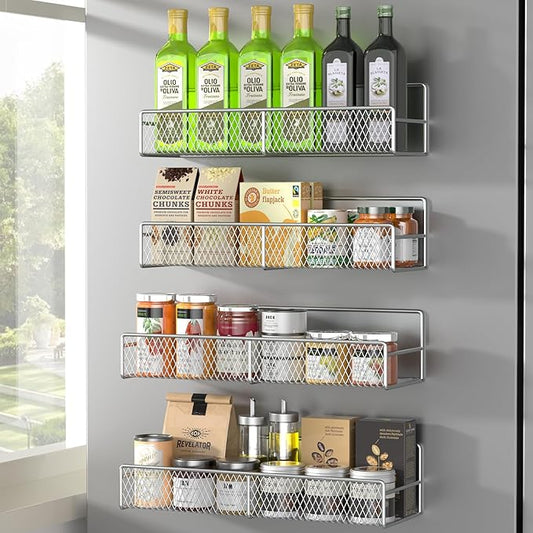 DTUQYX Magnetic Spice Rack for Refrigerator, 4 Pack 100% Metal Strong Magnet Fridge Shelves, Space Saving Spice Organizer