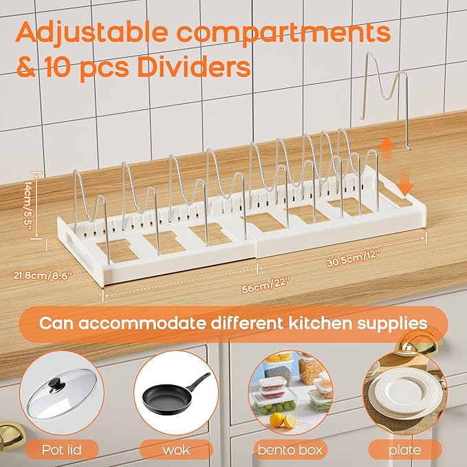 Nigelia 2 Pack Pots and Pans Organizer for Under Cabinet, 22" Expandable Food Storage Container Lid Organizers with 10 Adjustable Dividers Pot Lid Holders Rack Inside Cabinet&Kitchen Countertop(White)