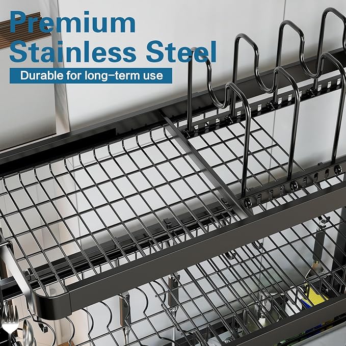 LIVOD Over The Sink Dish Drying Rack,3 Tier Adjustable Length Full Stainless Steel Large Storage Kitchen Dish Rack,for Kitchen Counter Expandable Multifunctional Organizers,Silver (25.5'' to 37.6'')