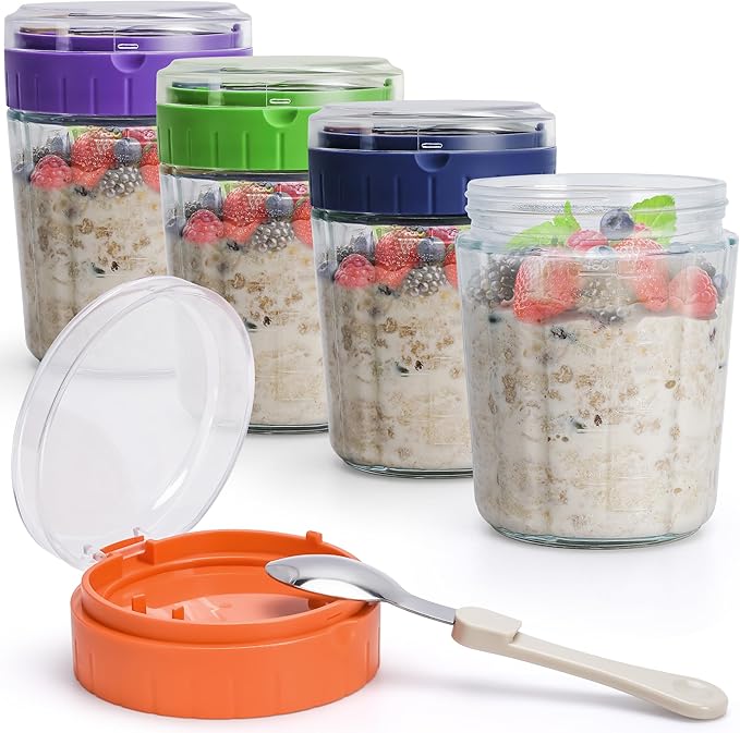 EONJOE Large Overnight Oats Containers to go,4 Pack Glass Meal Prep Jars 2 Cups Wide Mouth Yogurt Pudding Storage Airtight