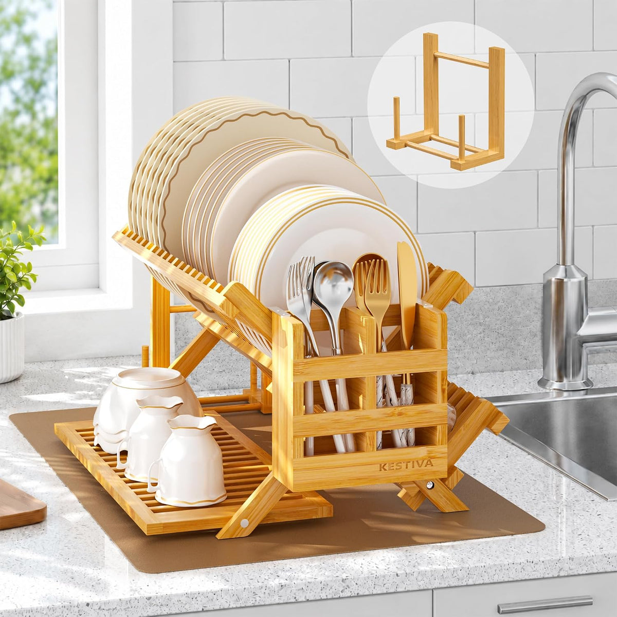 Bamboo Dish Drying Rack with Utensil Holder 3 Tier Dish Drainer