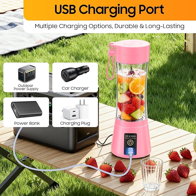 Portable Blender for Smoothies and Shakes - Cordless Personal Blender with 380Ml BPA Free Travel Cup, 6 Stainless Steel Blades for Powerful Blending, Suit for Sports/Travel/Home