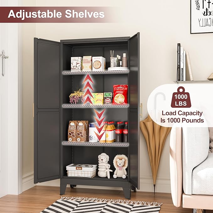 winiowa Metal Pantry Cabinet with 2 Doors and Adjustable Shelves, Kitchen Storage cabinets with Gold Handles, Versatile Storage for Laundry Room,Living Room,Bathroom,Dinning Room-Black