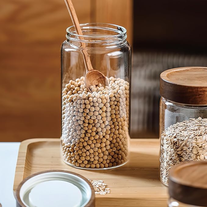 3 Pack 28 fl oz/850 ml Clear Glass Storage Canister with Airtight Wooden Screw On Lid, Medium Decorative Glass Container Jar Set for Coffee, Candy, Cookie, Condiment, Pepper, Sugar, Oatmeal