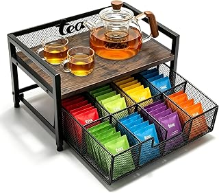 2 Tier Tea Bag Organizer - 8 Drawer Sliding Tea Box Organizer, Tea Bar Accessories Organizer for Countertop, Bar Station, Kitchen (Rustic Brown)