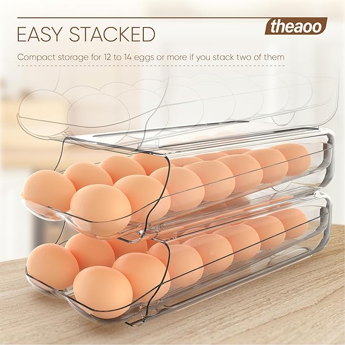 theaoo Egg Holder for Fridge, Automatic Rolling Egg Container for Refrigerator, Clear Plastic Egg Dispenser, Stackable Eggs Organizer with Quick Removable inner Tray For Organizers and Storage, 3 Pack