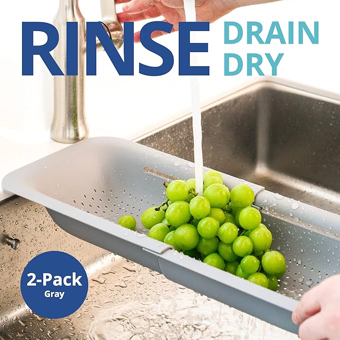BLUE GINKGO Over the Sink Colander Strainer Basket - Wash Vegetables and Fruits, Drain Cooked Pasta and Dry Dishes - Extendable - New Home Kitchen Essentials (Grey, 2 Pack)