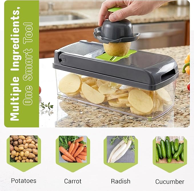 14-in-1 Vegetable Chopper and Onion Slicer, Mandolin Slicer with Container, Multi-Functional Food Dicer, Gray, Stainless Steel Blades
