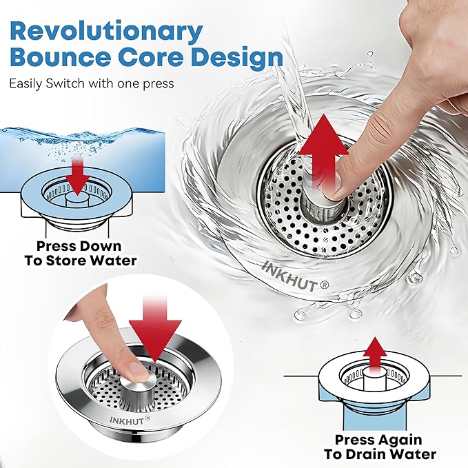 Upgraded 3 in 1 Kitchen Sink Drain Strainer - Stainless Steel Sink Stopper, Anti-Clogging Food Catcher Basket, Sink Bounce Core Drain Strainer Plug for US Standard 3 1/2 inch Drain (Mirror Silver)
