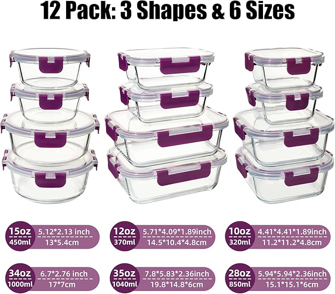 12 Pack Glass Food Storage Containers Set, Glass Meal Prep Containers with Lids, Airtight Lunch Containers, Dishwasher Safe, purple