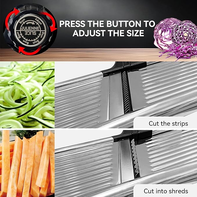 Mandoline Slicer for Kitchen, Adjustable Stainless Steel Vegetable Slicer with Safety Gloves & Food Holder, Potato Onion Tomato Julienne Cutter, Non-Slip Manual Mandolin-3