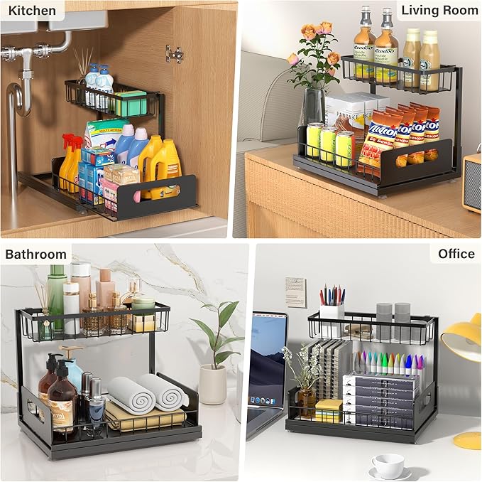 Sturdy Metal Under Sink Organizer 2 Tier, Pull Out Drawer Slides Under Sink Storage for Bathroom Kitchen, Multi-Purpose Iron Under Cabinet Organizer for Cleaning Supplies (Black, 2 Pack)