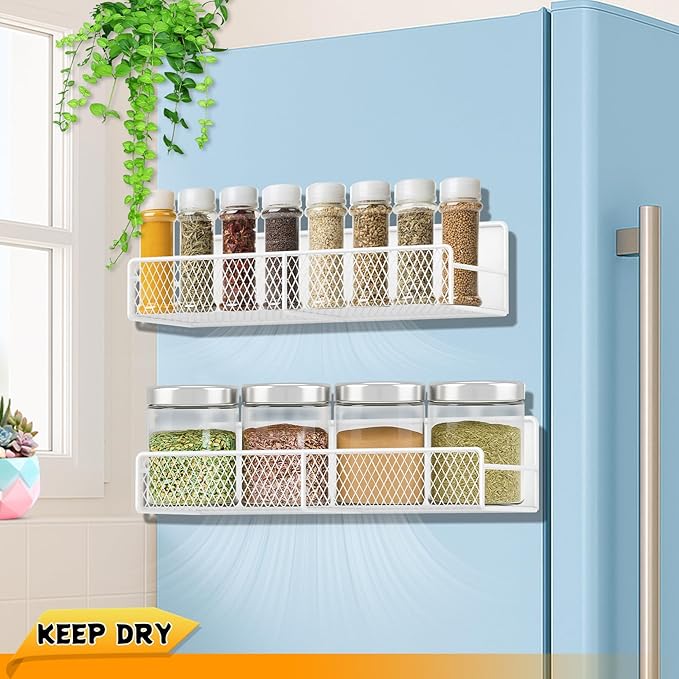 Magnetic Spice Rack for Refrigerator, 2 Pack Magnetic Shelf for Fridge with 4 Hooks, Black Magnetic Shelves, Organization and Storage Kitchen, Magnet Shelf for Fridge, Cabinet Organization