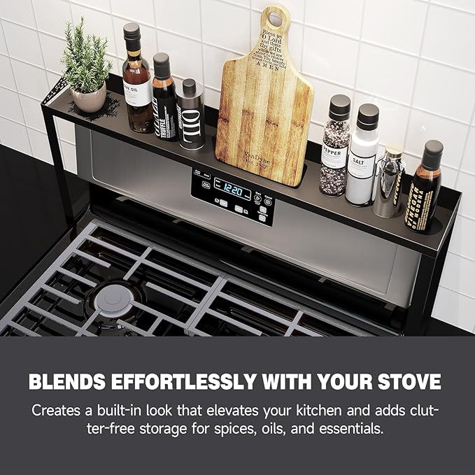 STUTOV 30-Inch Black Metal Over Stove Spice Rack Shelf – Magnetic Kitchen Organizer for Stove Top, Black Countertop Storage Rack for Spices, One-Piece Kitchen Gadgets