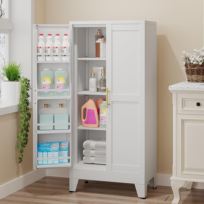GAIOUS Metal Kitchen Pantry Cabinet, Storage Cabinets with 2 Door and 3 Adjustable Shelves, White Freestanding Food Storage Cabinet, Steel Cupboard for Kitchen Dinning Room