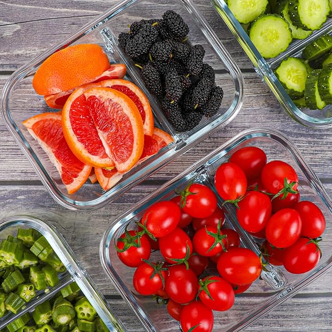 KOMUEE 10 Pack Glass Storage Containers 1 Compartment and 10 Pack Glass Meal Prep Container 2 Compartments