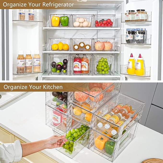 6Pack Stackable Kitchen Storage Organizer, Pantry Organizers and Storage, Clear Foods Organizer Bins with Handles, Easily Assemble for Bathroom, Kitchen, Pantry, Cabinet, Closet