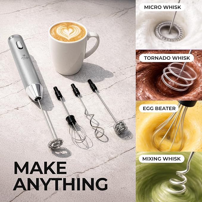 Zulay Kitchen Rechargeable Milk Frother Handheld - Frother Wand, Drink Mixer, Electric Whisk Frother, for Cappuccinos, Matcha & Protein Powder - Ultra Metal 3 Whisk, 1800mAh Silver