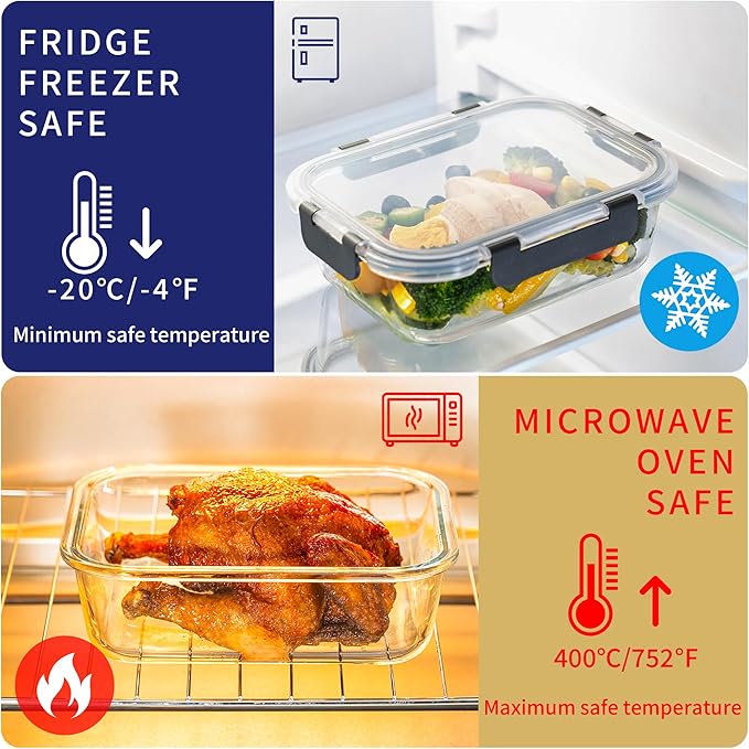 MFY 5-Pack 36 OZ Glass Storage Containers with Lids, Glass Meal Prep Containers Set, Airtight Lunch Containers with Lids, Microwave, Oven, Freezer and Dishwasher Safe, Gray