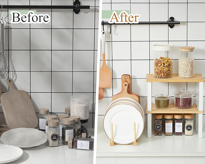 Marsui 4 Pcs Kitchen Organizer Accessories Set Cabinet Organizer Shelf and Bamboo Dish Drying Plate Rack Counter Shelves Storage Holder for Spice Rack, Dish, Pot Lid, Bowl, Cup(Wooden Color)