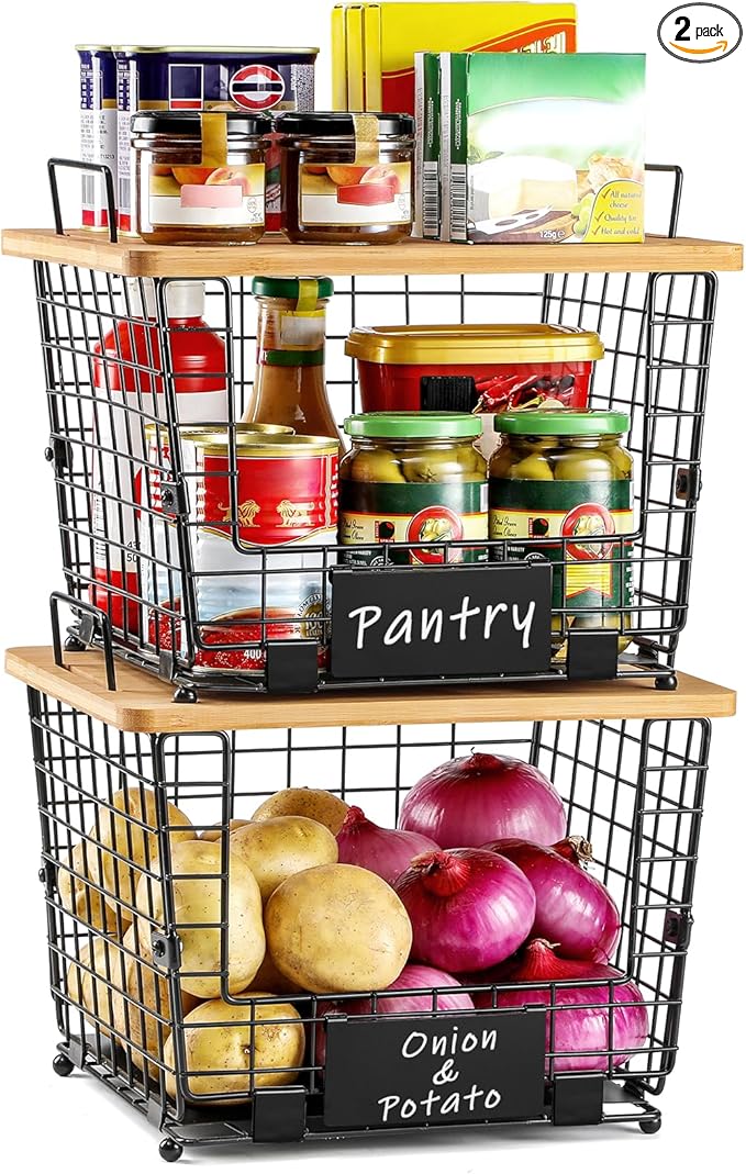 2 Set Large Stackable Wire Basket with Bamboo Tops & Tag- Pantry Organizer