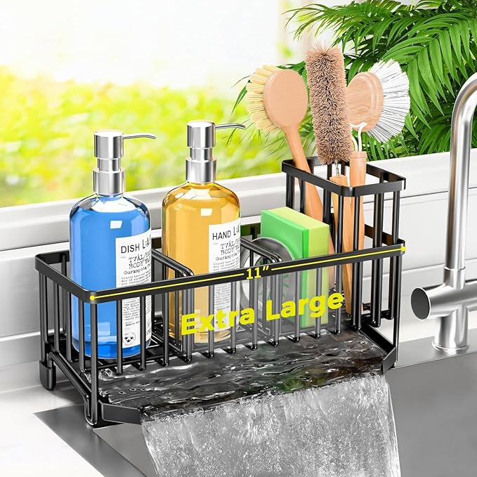 TomCare Extra Large 11'' Sink Caddy With Drain Tray Non-slip Kitchen Sink Organizer With 2 Adjustable Dividers High Brush Holder Rustproof Sponge Holder Kitchen Storage Accessories for Counter