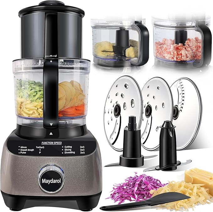 14 Cup Large Food Processor, XL Bowl, Large Chute for Blending, Mixing, Shredding, and Slicing, Meat and Vegetable Chopping, Doughing, All in One for kitchen,4 Speeds, 600W
