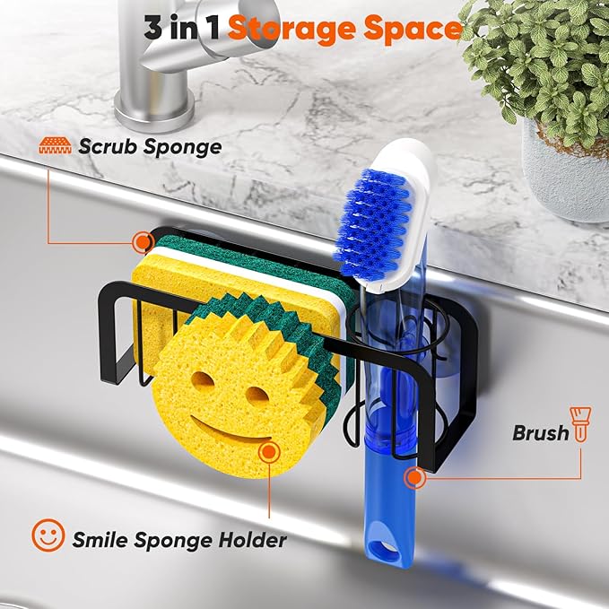 Sponge Holder for Kitchen Sink, Sink Caddy Organizer with Smiley Face, Dish Soap Holder Rack for Kitchen with Suction Cups/Adhesive Strips, Design for Sponge, Soap, Dish Brush, Scrubber, Stoppers