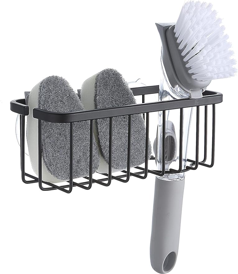 SunnyPoint NeverRust Deluxe Kitchen & Bathroom Sink Sponge Holder Organizer with Adhesive Mount - Additional Suction Cup Included – Sponge & Brush NOT Included – 7.4 x 3.3 x 2.75 Inch (Mat Black)