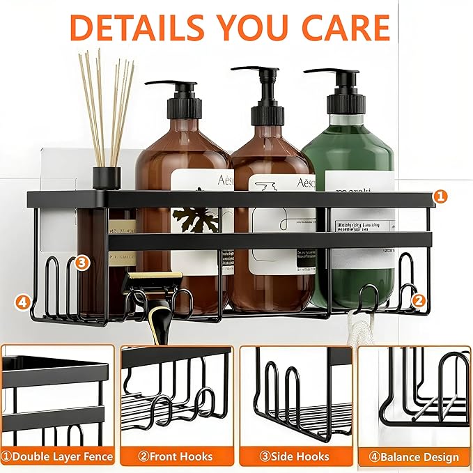 Self Adhesive Shower Caddy, 2-Pack No Drilling Rustproof Bathroom Organizers and Storage with Save Space Hooks, Apartment Essentials for Bathroom, Kitchen & Living Room